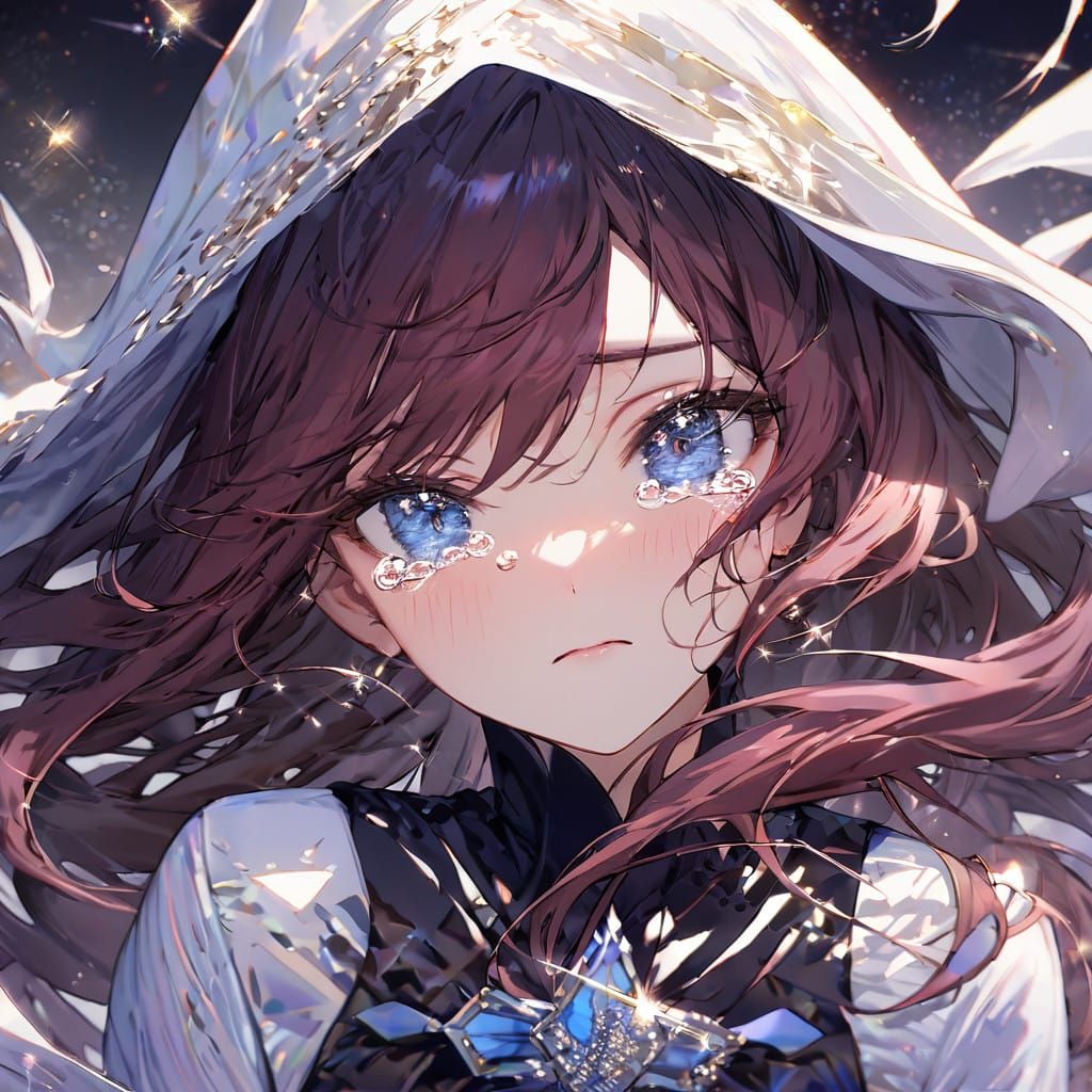 A 1girl with Burgundy Hair Cries in a Gently Blowing Wind