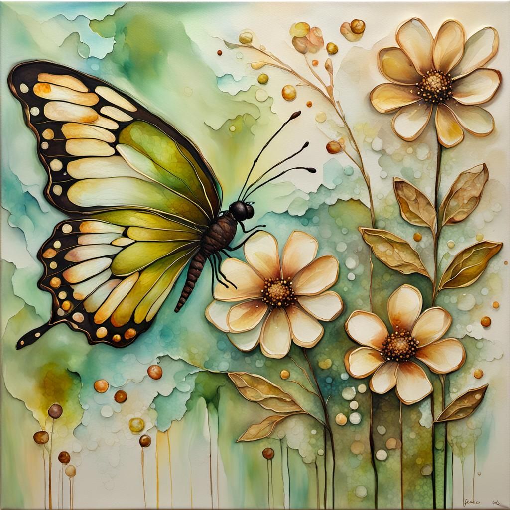 Floral Canvas with Butterfly in Creamy Pastel Tones
