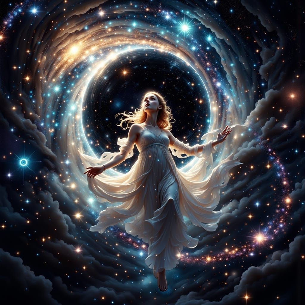<lora:Cosmic Spiced:1.0> <lora:Exquisite Flux:1.0> a beautiful picture of a woman floating through space as if a goddess inside a black hole