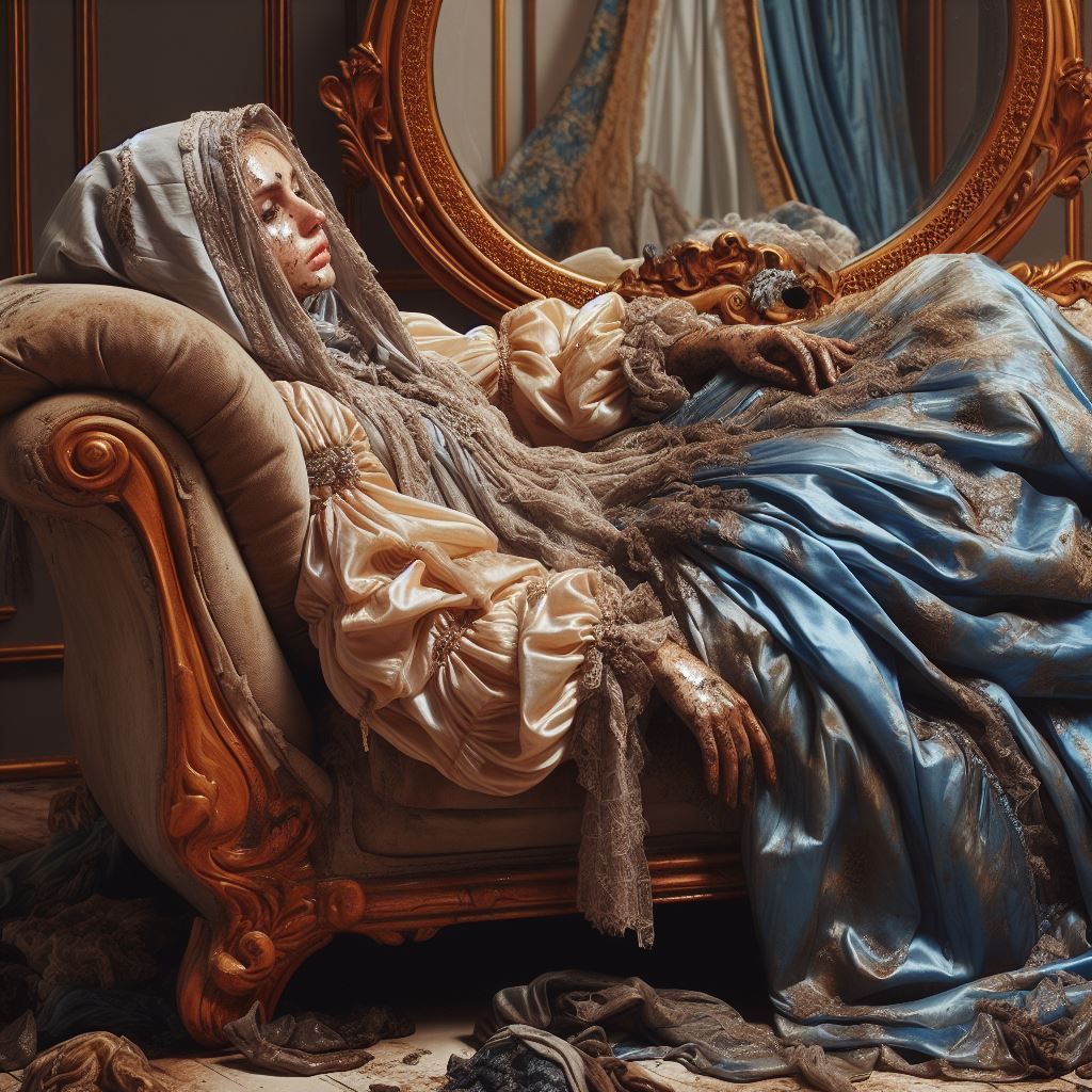 Unwashed Smelly Bedraggled Shabby Dirty Streetworn Ragged Reclining on Satin Chaise Longue Glamorous Intense Headscarf H...