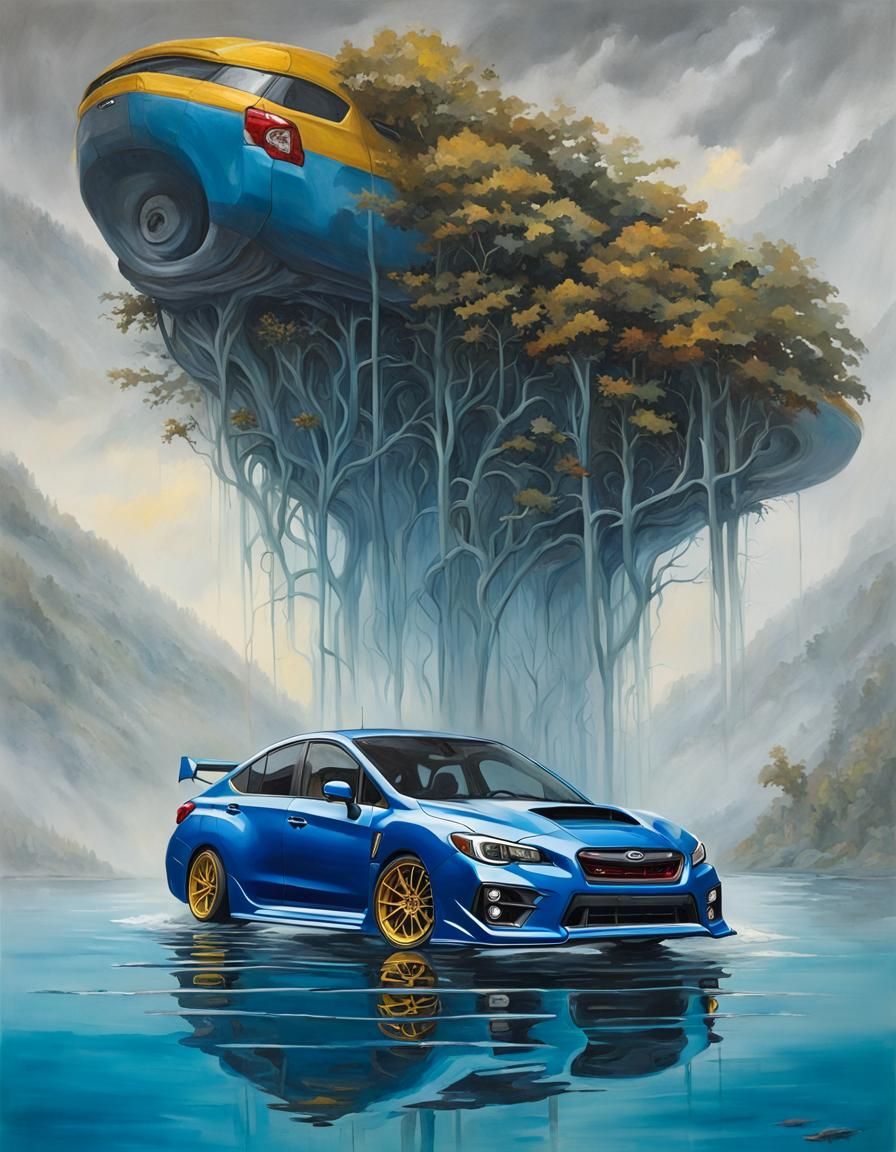 Blue Subaru WRX   at the bottom of the lake submerged in a cascade of a gray fog, style of hard...