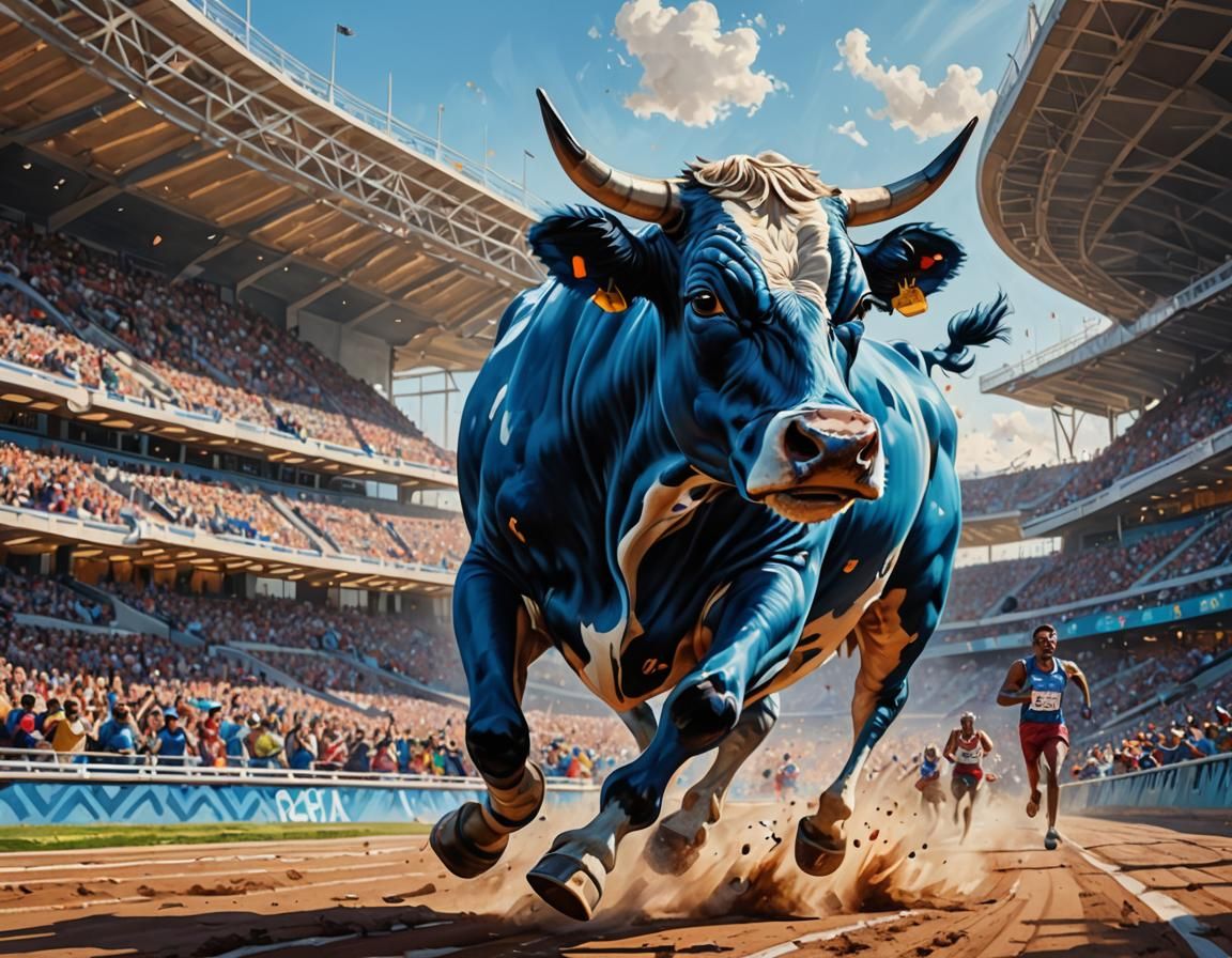 Betty the Blue Cow is winning a race