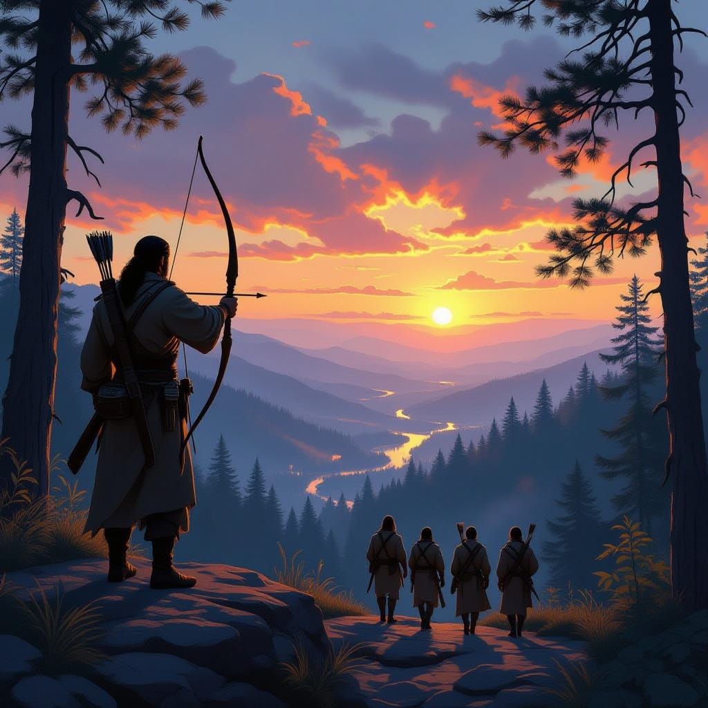 “A lone male hunter on a rocky overlook above a forest, watching a group of male hunters walking below among the trees at dawn, bows and qui...