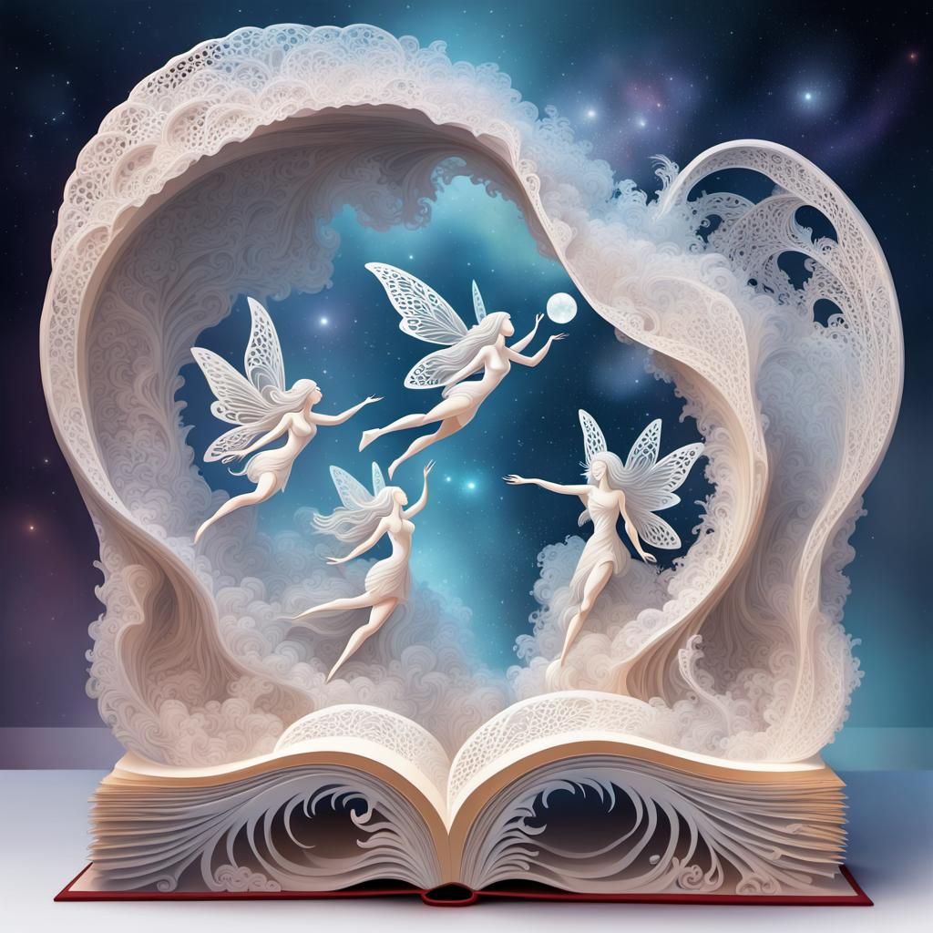 Fairies flying out of hand carved lace marble sculpted book,...