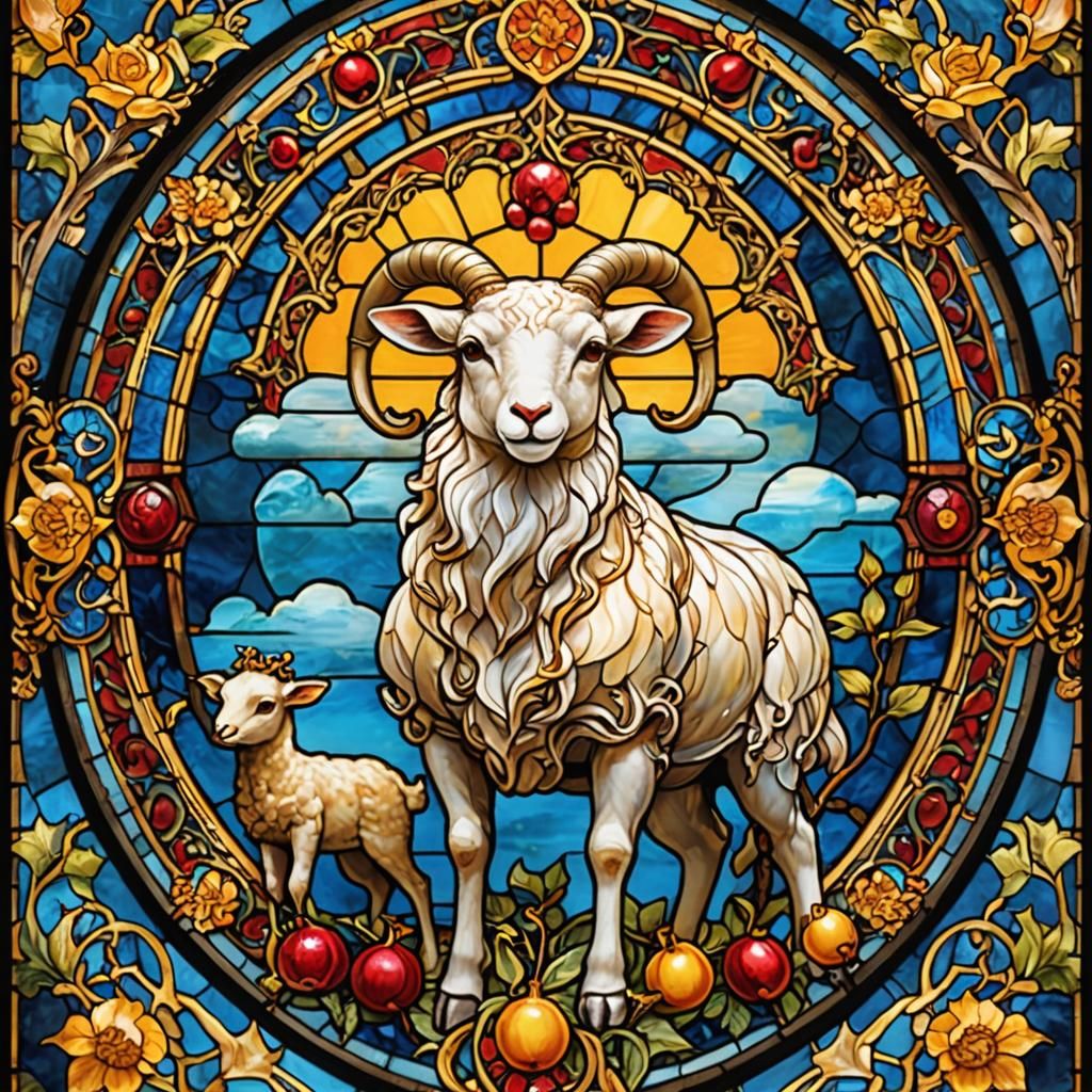 Flamboyant gothic stained glass, gothic shaped, representing a golden lamb under a bright golden pomegranate.  by @LonelyWanderer