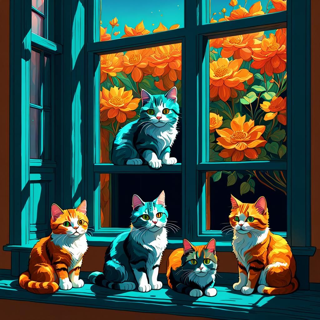 Cats sitting in a window in the style of Louis wain