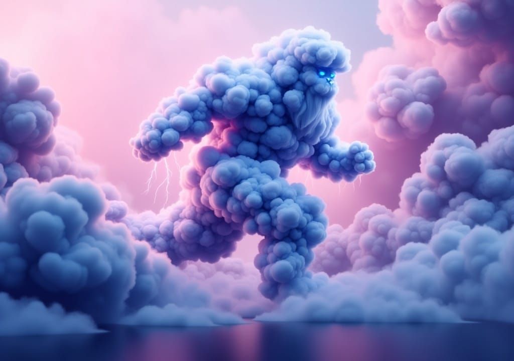 <lora:CloudFlux:1.0> A humanoid cloud figure running, composed of intricate, organic clouds is dynamically posed, seemingly in mid-motion. T...