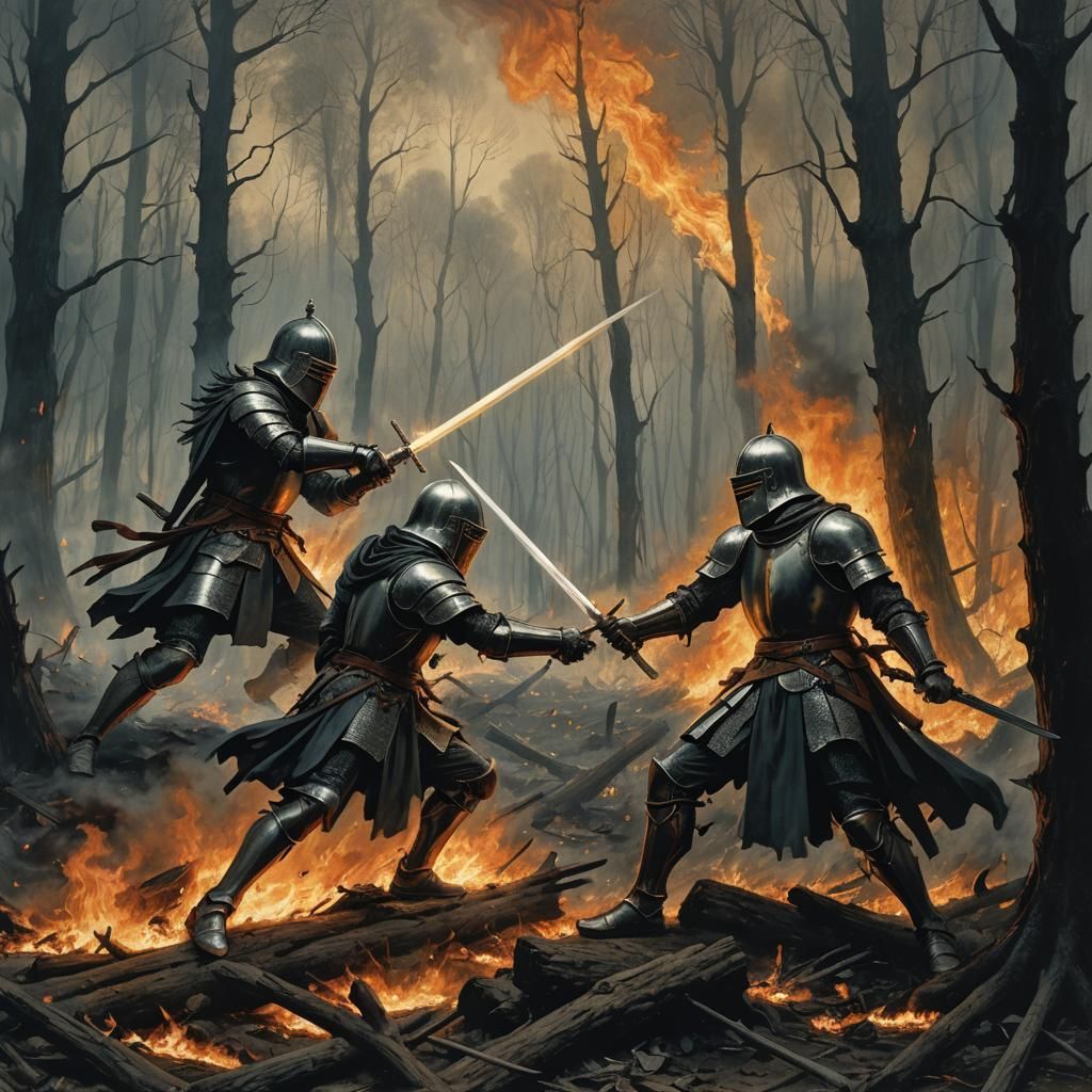 two knight having a  duel with flaming swords while in a for...