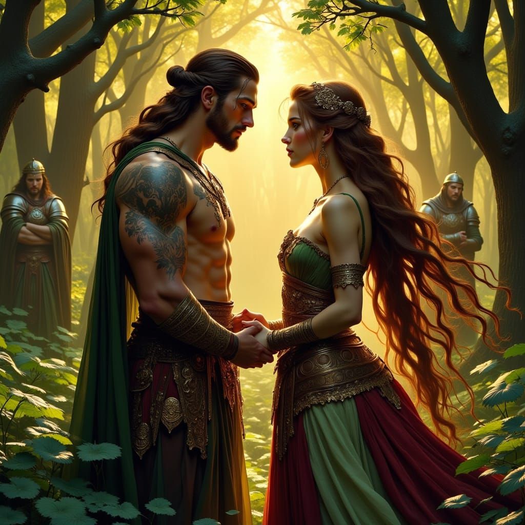 <lora:Art Nouveau Flux:1.0> <lora:Wild Serenity:1.0> <lora:DreamweaverFlux:1.0> <lora:Flux Romantic Paint:1.0> Celtic warrior and maiden in ...