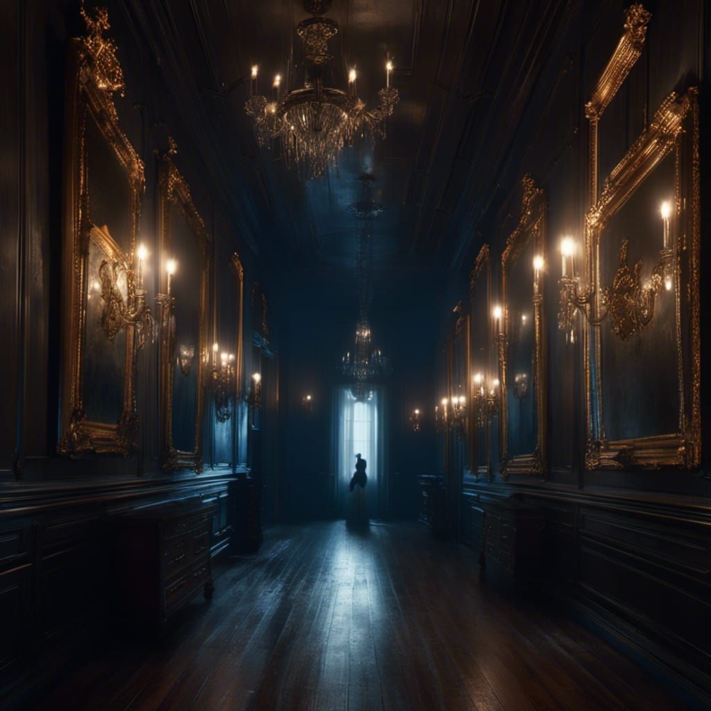 <lora:MJ6 Nightmare:1.0> a spine-chilling scene of a dimly lit hallway in an old Victorian mansion, where antique portraits lining the walls...