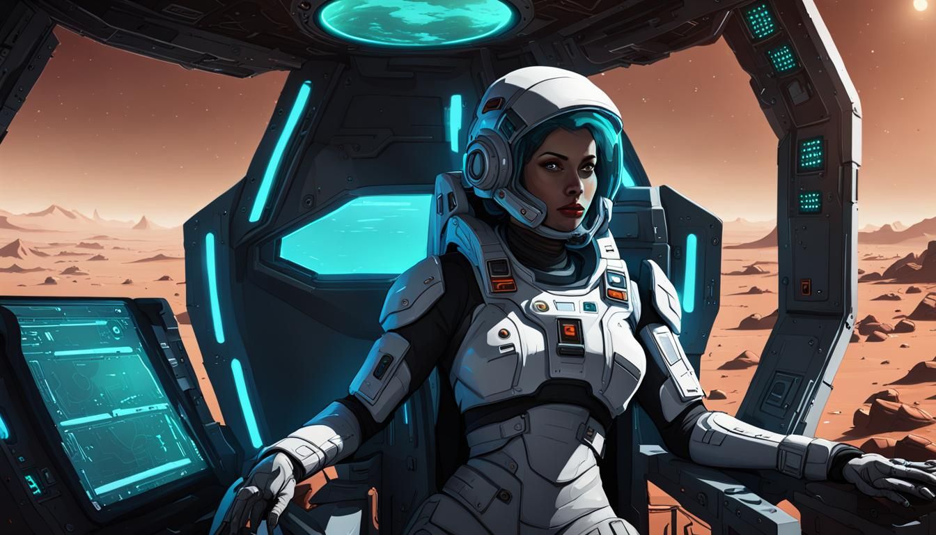 Futuristic Mars Explorer in Neon Cockpit Game Loading Screen