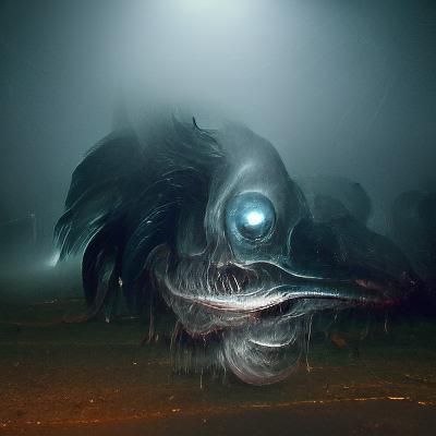 Creepy deep sea fish in fog and darkness