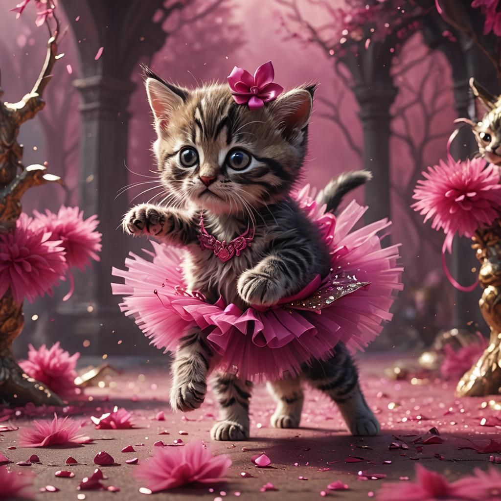 a baby kitten with a hot pink tutu on standing up