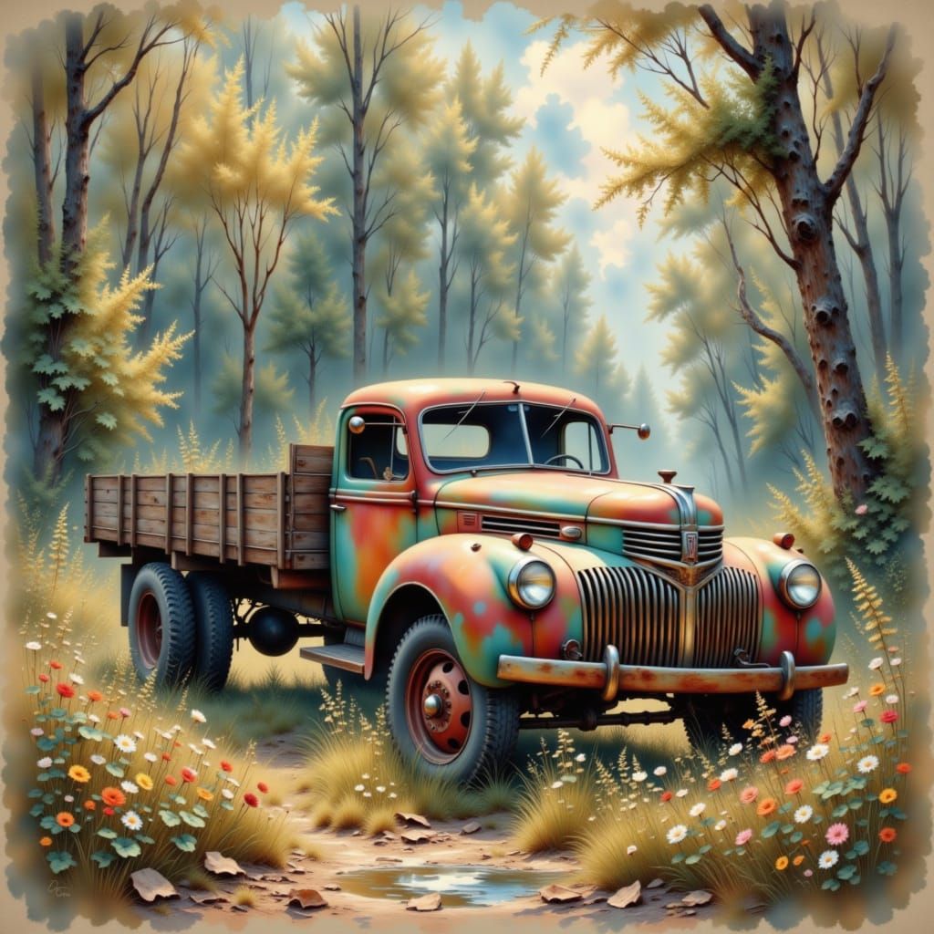 <lora:Ethereal Impressions:1.0> <lora:Bleed with beauty:1.0> 
Old dilapidated farm truck in urban decay, in a forest vines and overgrowth ti...