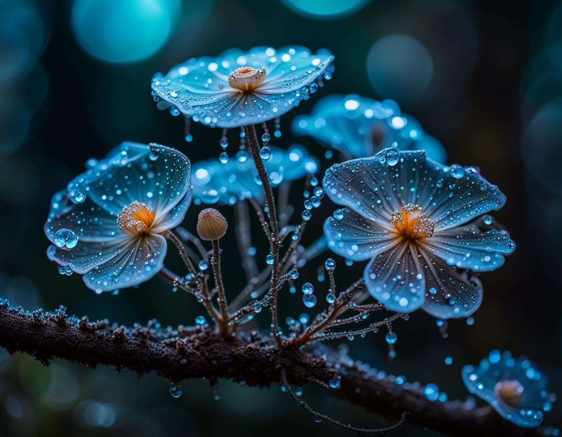 insanely detailed Iridescent dew covered bioluminescent flow...