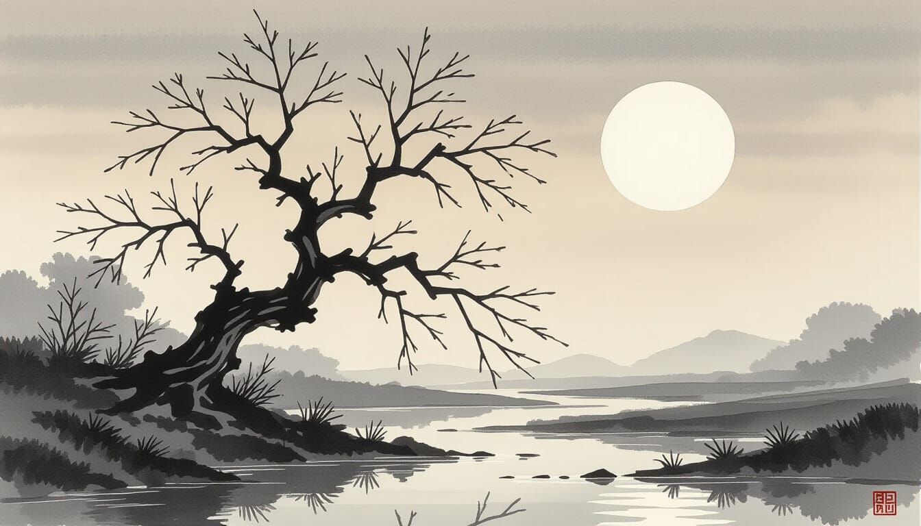 Ancient Tree Reaches for River Life in Sumi-e Style
