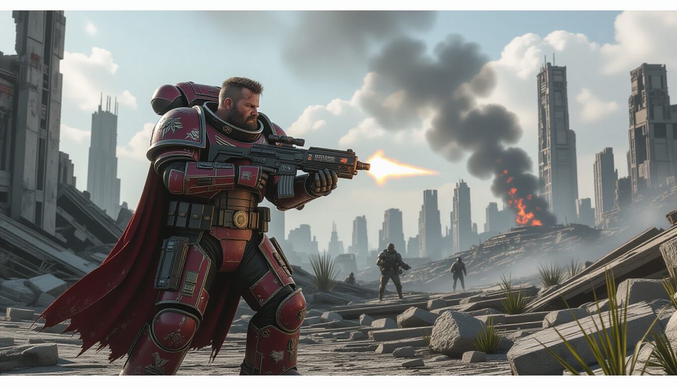 Envision a grizzled Rogue Trader from Warhammer 40k standing on a battlefield amidst the ruins of a shattered cityscape on an alien planet. ...