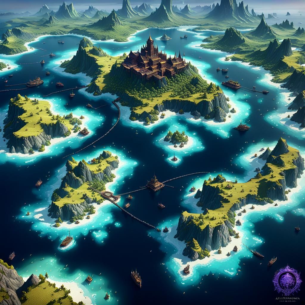 A detailed map of a chain of islands. Surrounded by oceans a...