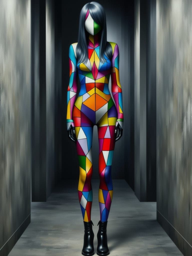 <lora:GeometricAbstraction:1.0> portrait of a pale gothic woman in a vibrant form fitting bodysuit with jacket top with intricate tessellati...