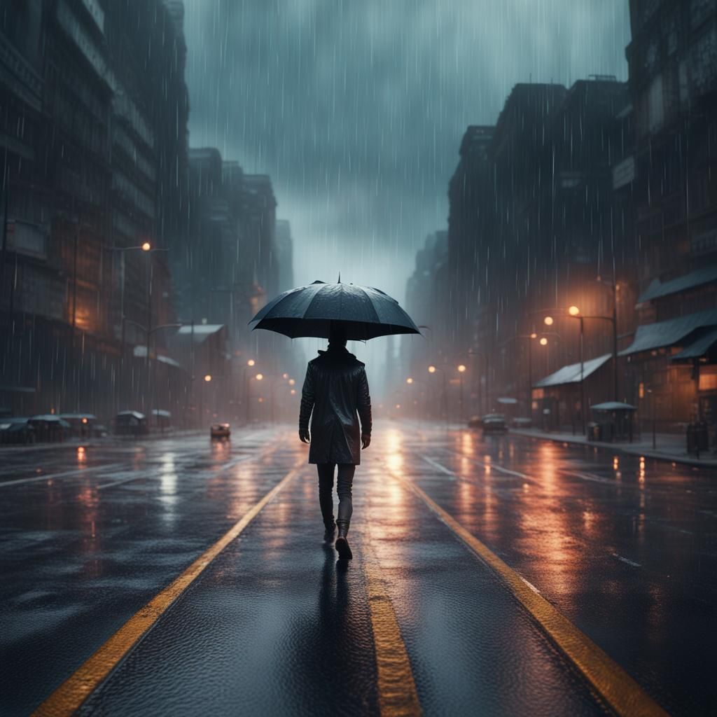 AN ABSTRACT VIEW OF A LONER IN A RAIN IN THE MIDDLE OF A ROAD - AI ...