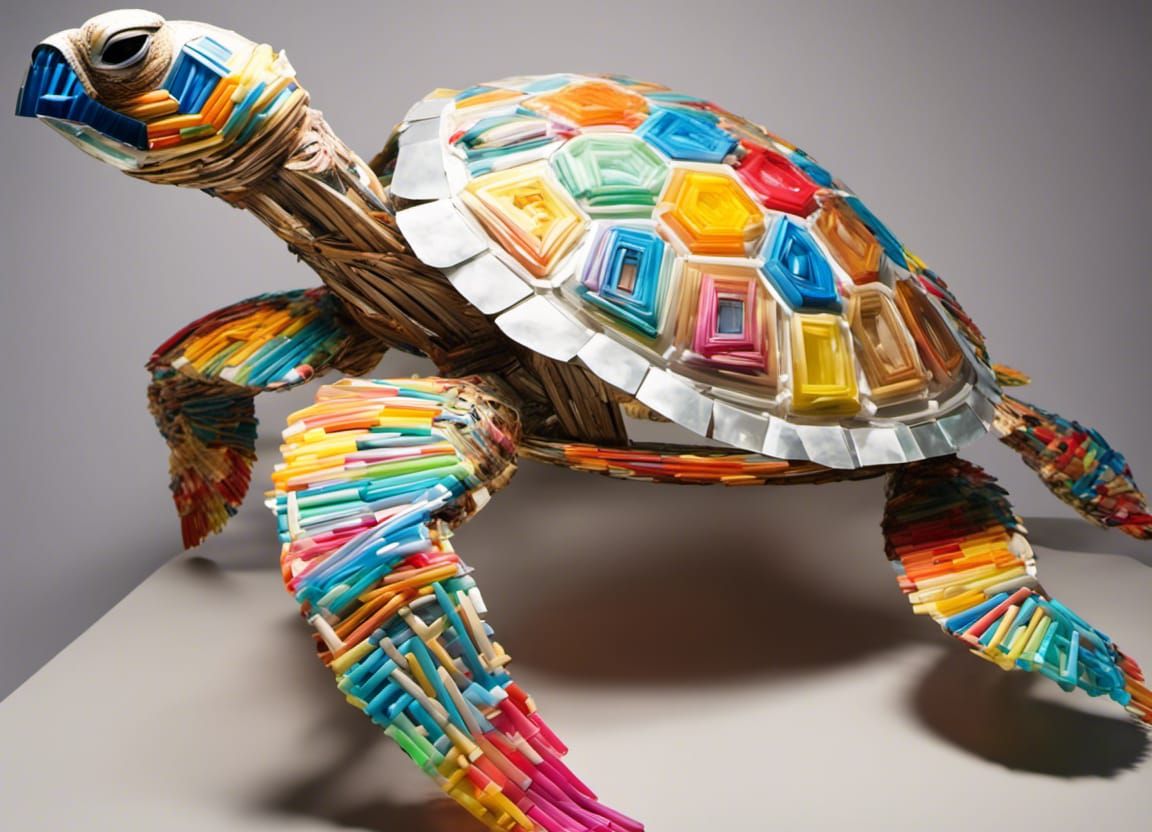 Beautiful giant sea turtle made of single use plastics straws utensils