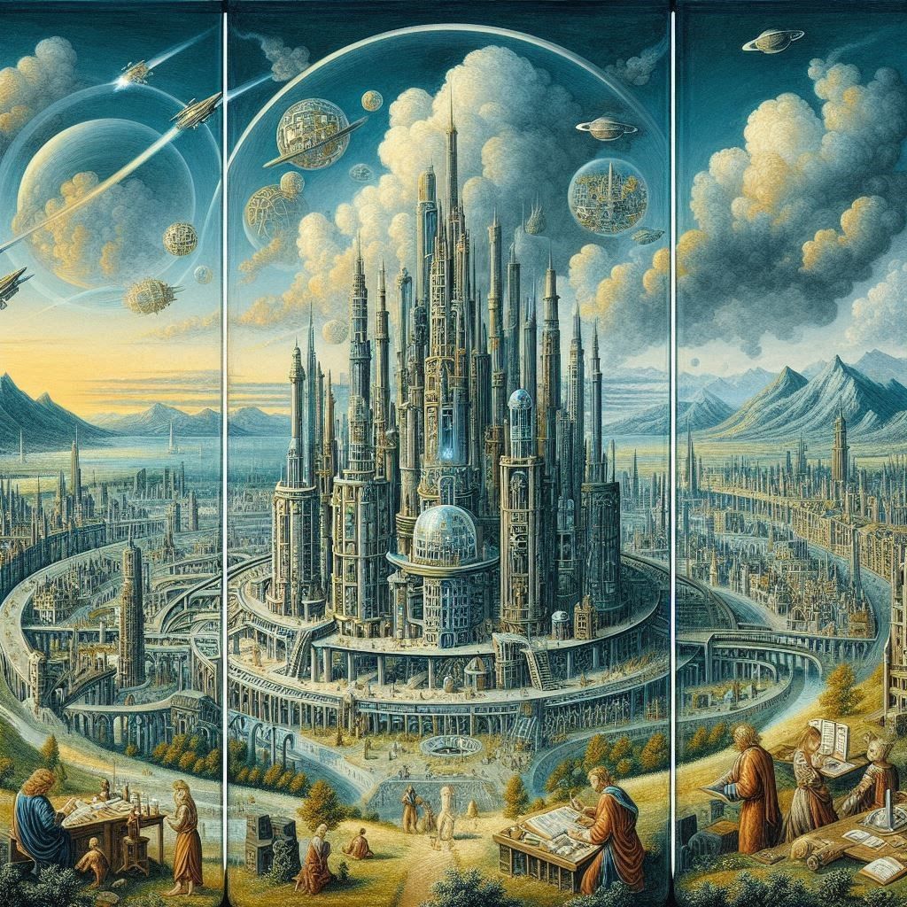 Futuristic city in the style of Jheronimus Bosch
