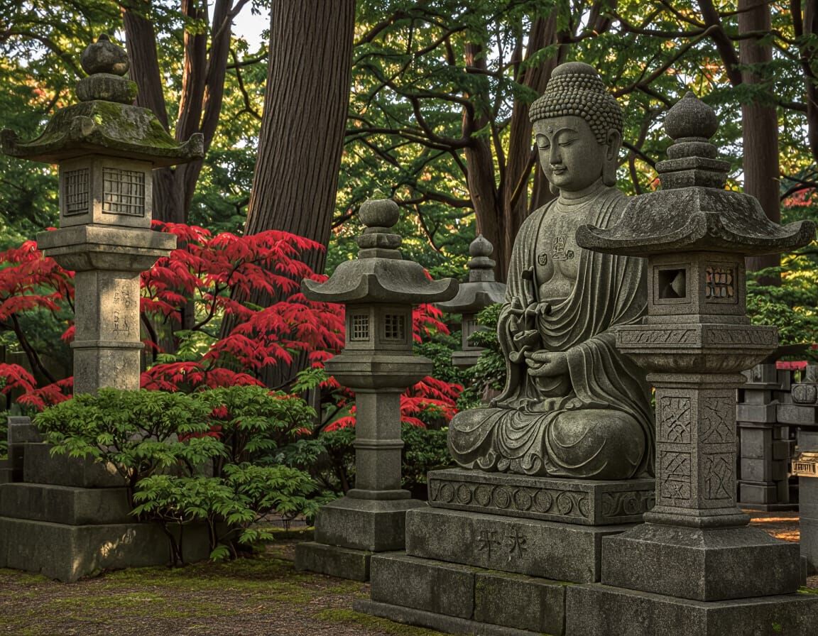 A japanese graveyard with stone lanterns and a statue of buddha, with japanese maples with red leaves in the background in a photographic st...
