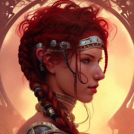 warrior woman with pale skin and thick red hair with lots of...