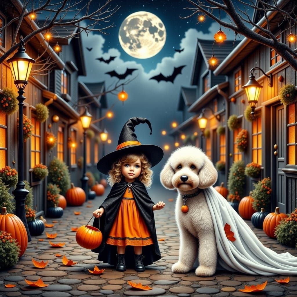 <lora:Witch Skeleton Ghost:1.0>Cute toddler girl dressed as a witch, with her white Poodle dressed as a Ghost, in a Trick or Treating Scene...