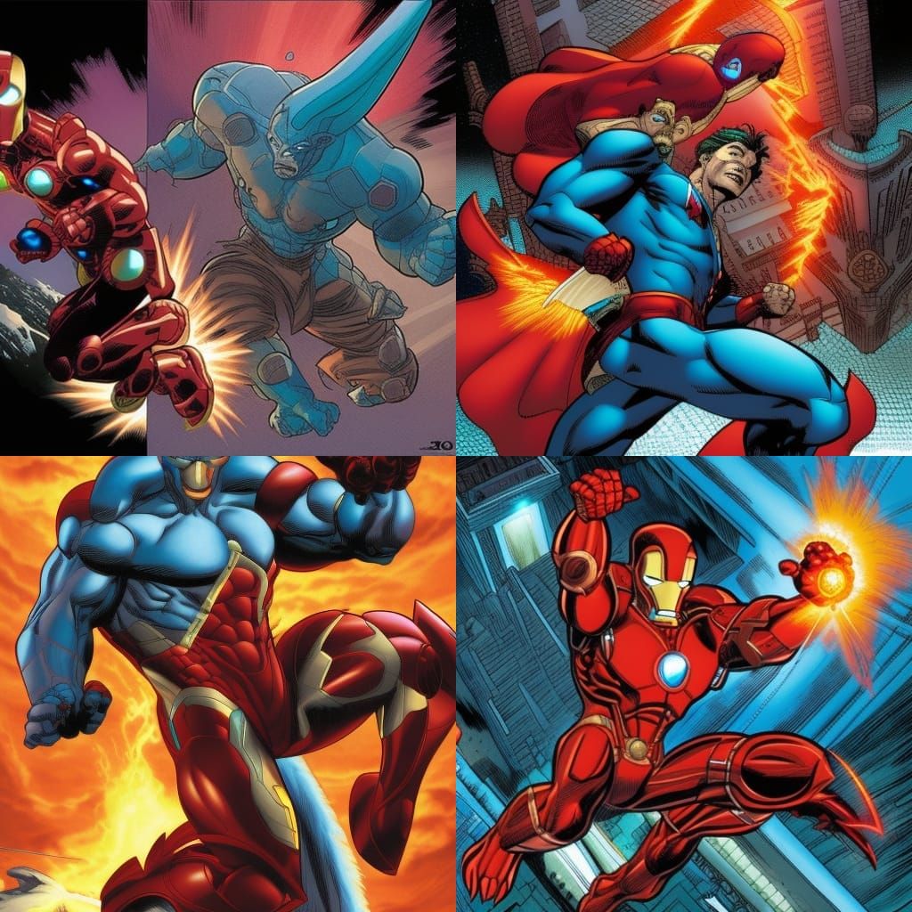 Iron man is fighting a blue dragon. The fight is above a cit...
