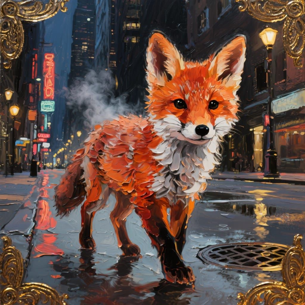 Fox Cub in City Street: Impasto Oil Painting