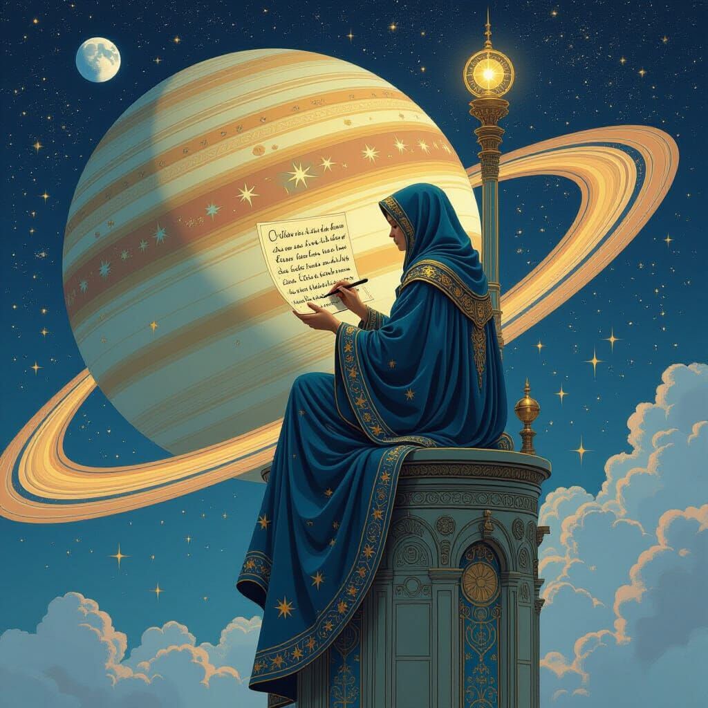 Imagine a celestial calligrapher inscribing cosmic poetry onto the fabric of spacetime from a secluded tower nestled among the rings of Satu...