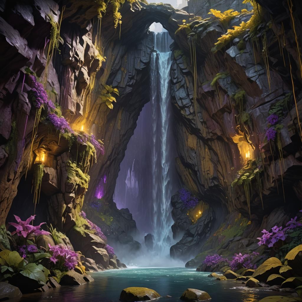 A cave entrance behind a waterfall  by @ChainsNGames