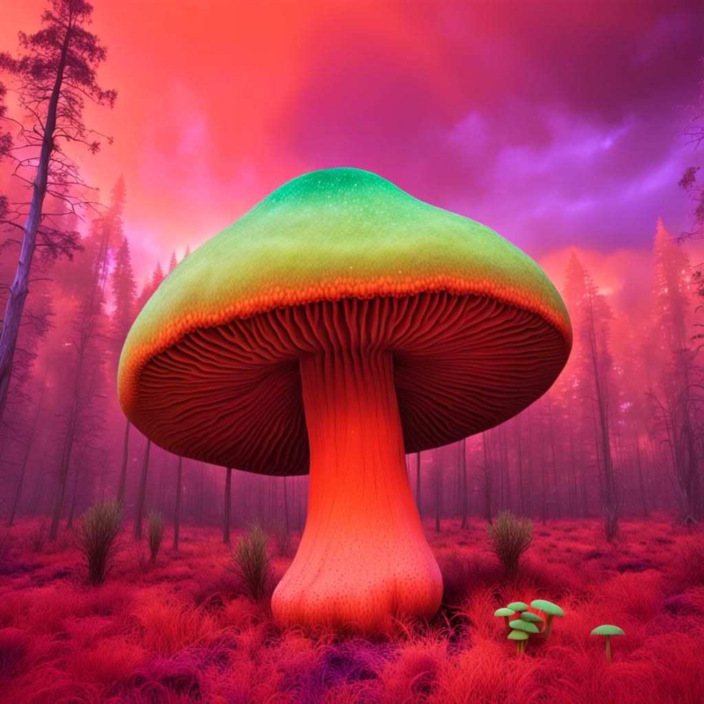 photo, surreal, fiction, non-real: a huge green mushroom sta...