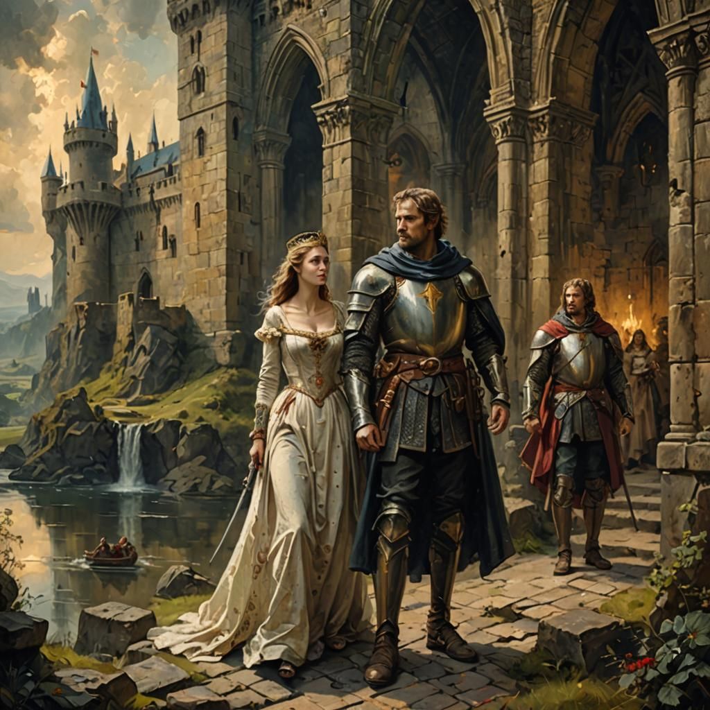 King Arthur, Lady Guinevere and Sir Lancelot at Camelot