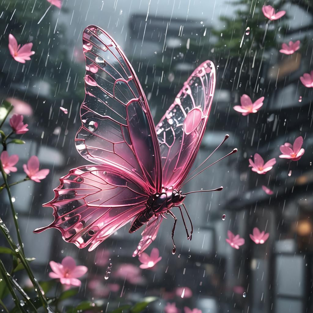 a glass butterfly flying in the rain pink  by @Ch33ry_bl0ss0m