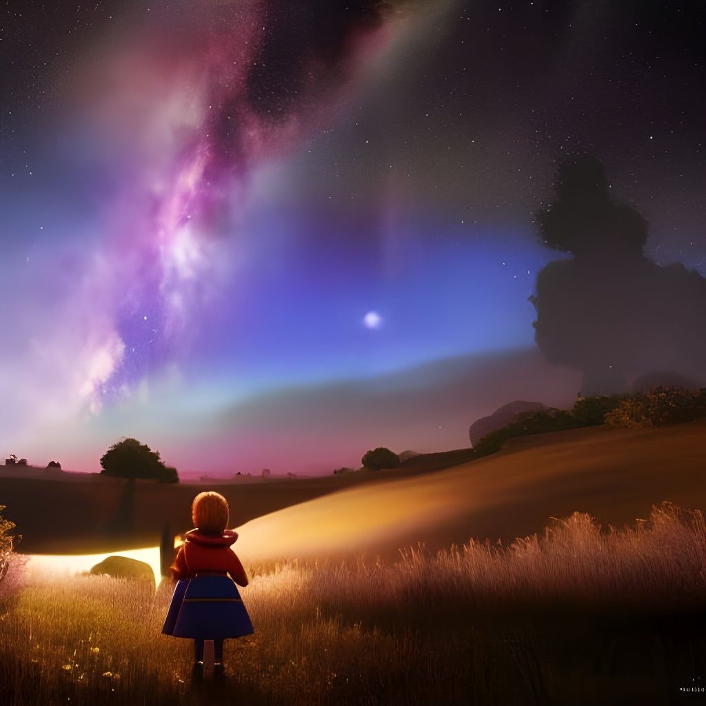 A cgi girl looking up at a starry night, disney, pixar, coco...