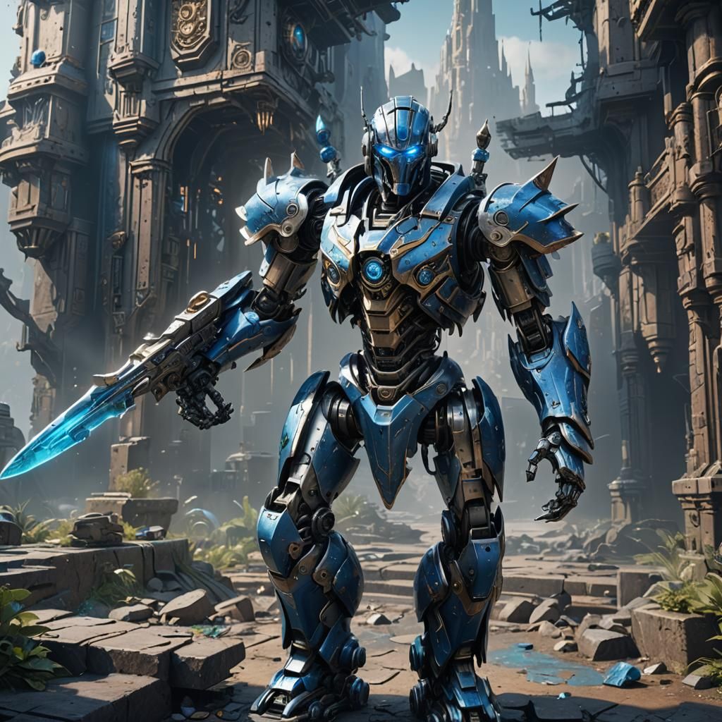 A robot with dagger and blue and silver colors
