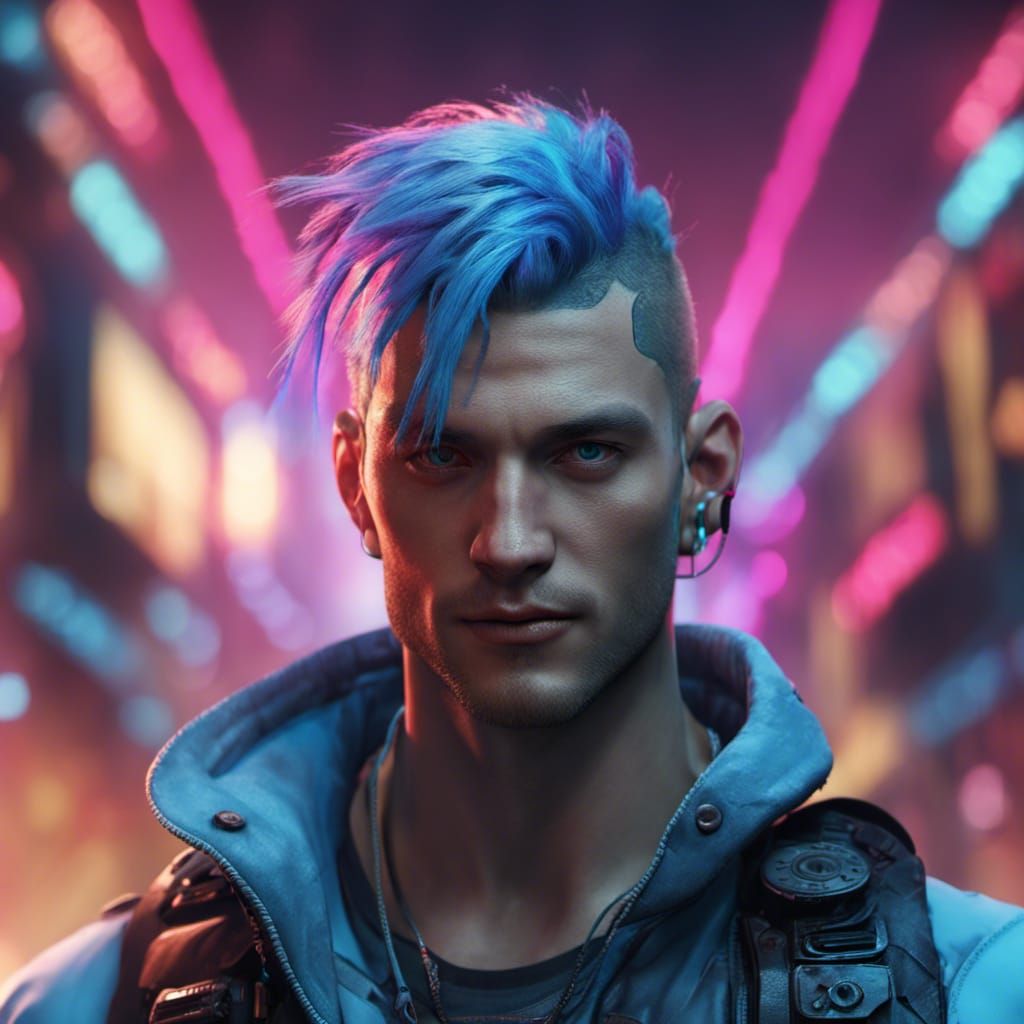 Cyberpunk, Male, Headband, Blue Hair, glowing Eyes, head and shoulders ...