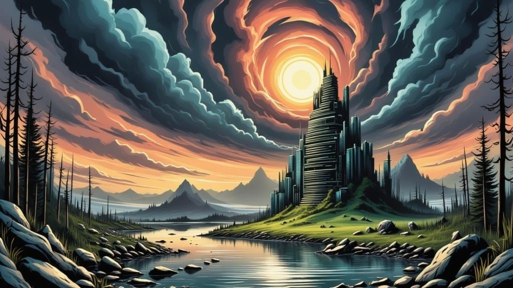 <lora:Fragments of Dusk:1.0> a beautiful storm filled sky realistic with vibrantly coloured storm clouds over a small lagoon with a modern s...