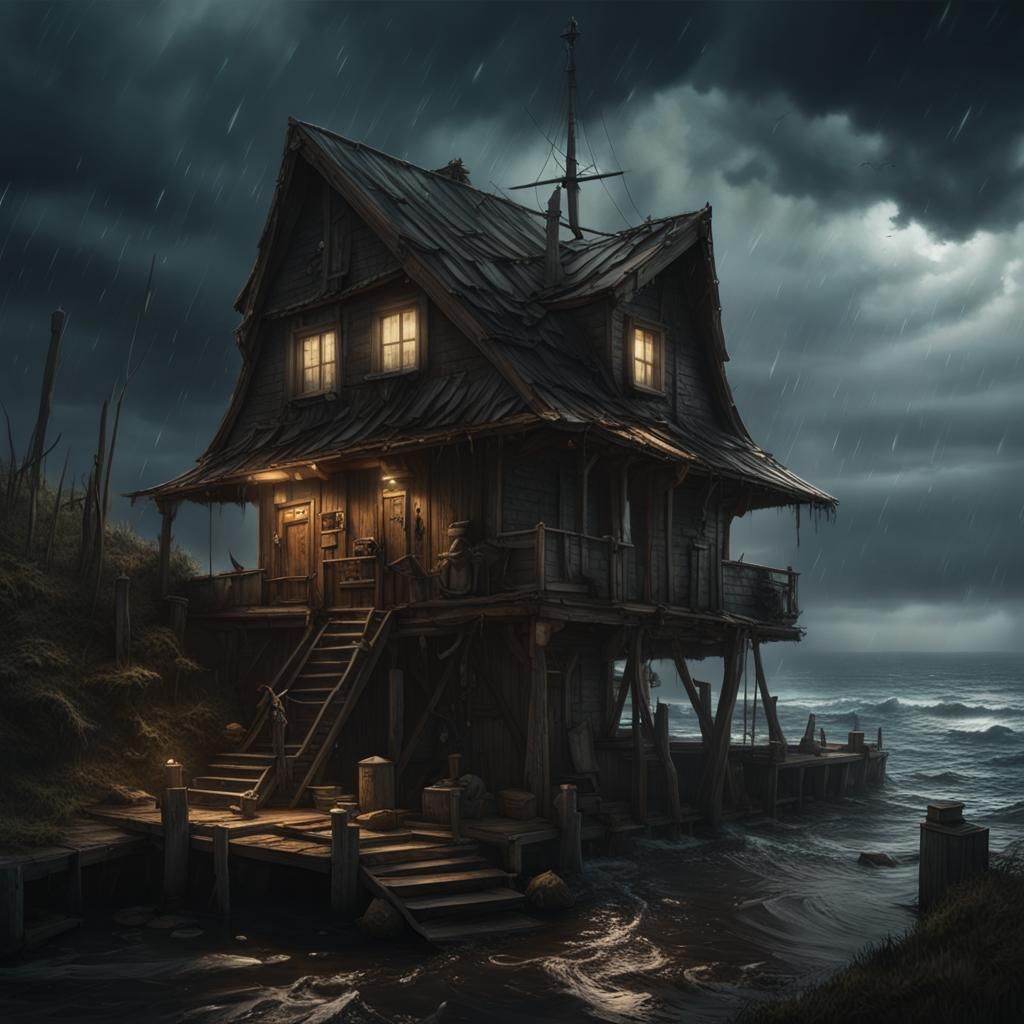 A fisherman's wooden house near the sea with a small marina, gloomy atmosphere and stormy sky horror, ...  by @Daimoniro