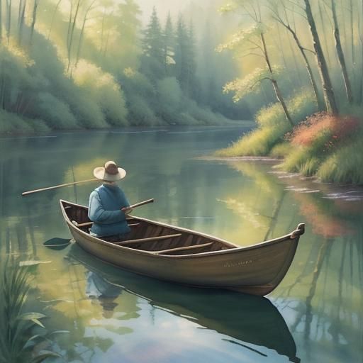 Mouse Steering Boat on River in Watercolor Style