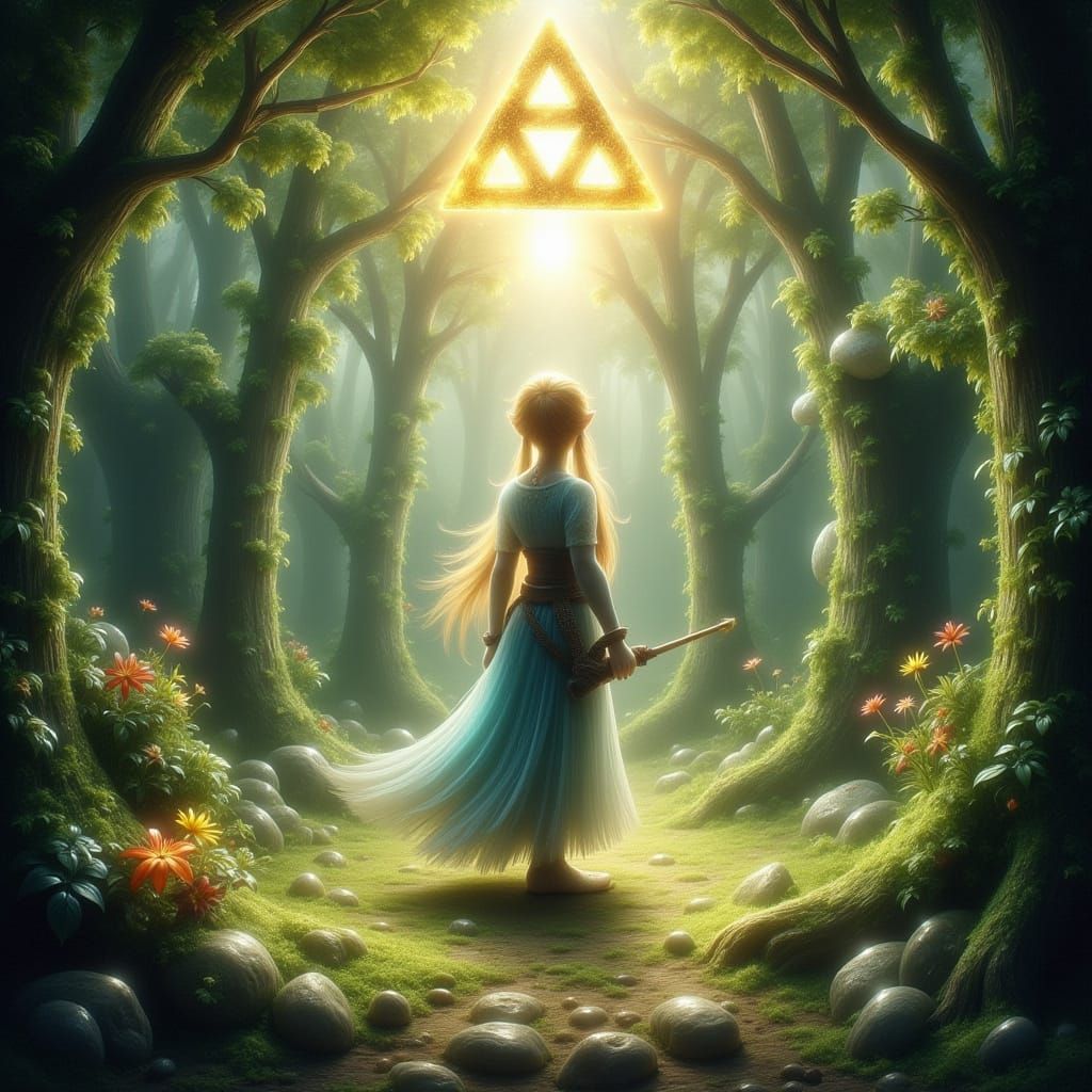 Princess Zelda in Sunlit Forest with Glowing Triforce