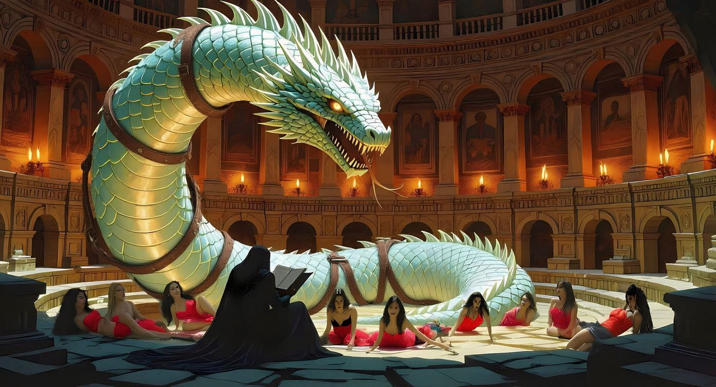 A colossal, bioluminescent serpent emerging from a colosseum pit on Geidi Prime, its scales pale and bone-like, ancient and petrified obsidi...