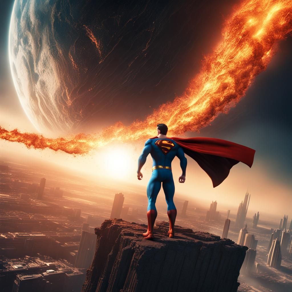 Incredible Superman, in space, close to the burning sun
