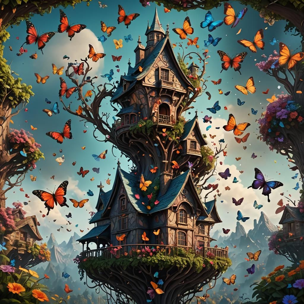 Heart-Shaped House with Butterflies: Fantasy Concept Art