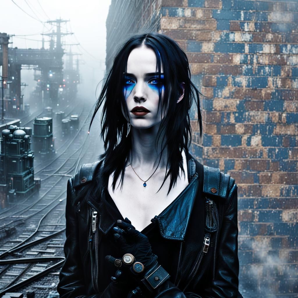 intense blue neon light. corroded copper pipes. broken brick...