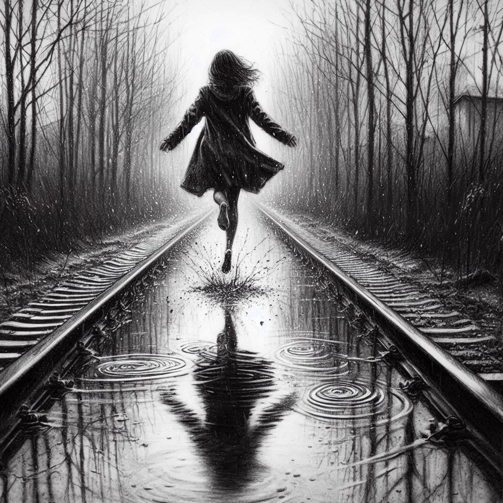 Woman walking in the rain, B&W