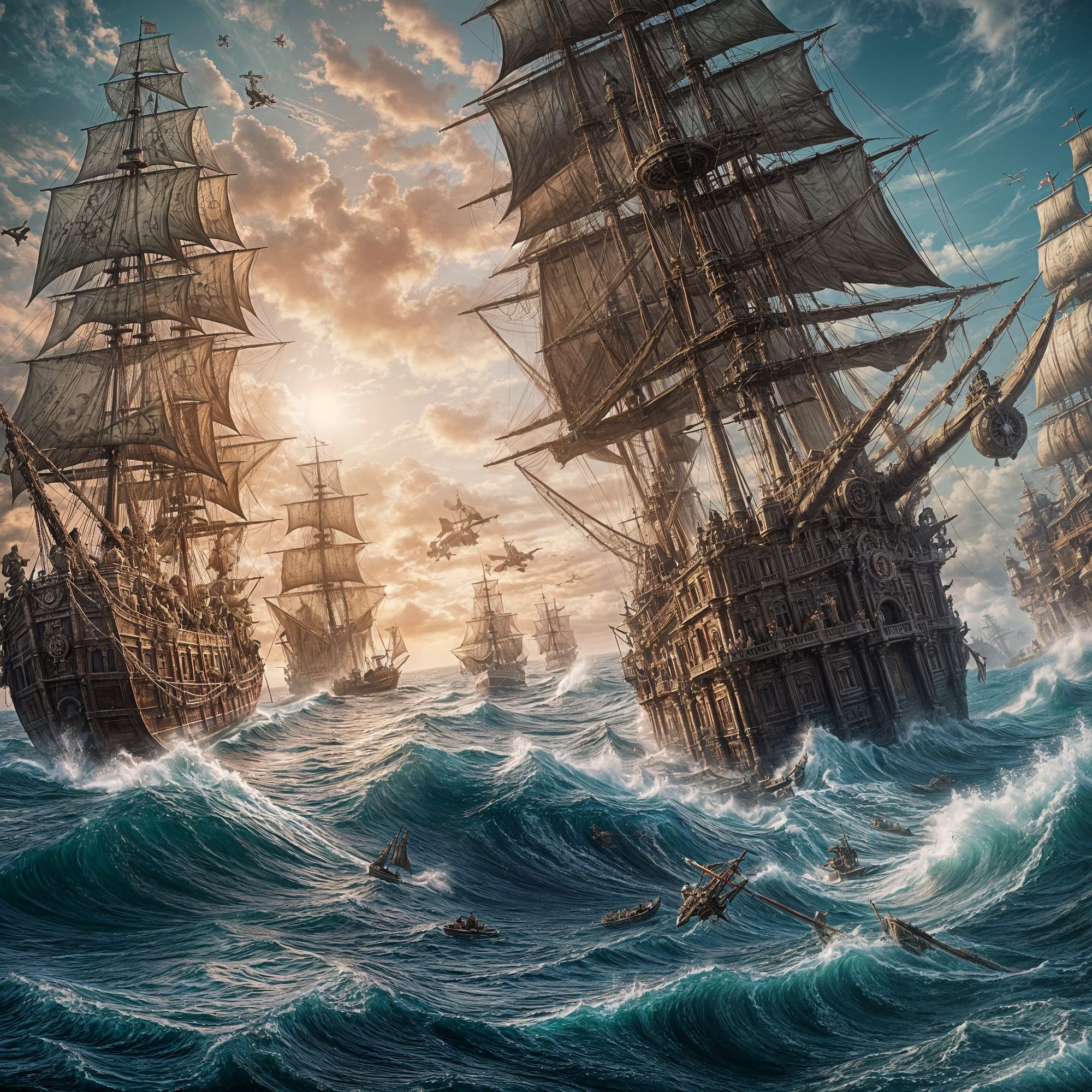 Pirate falling from mast, epic pirate war. Mythical sea monsters eating drowning pirates. Cannon battles, Sword fighting. highlighting life ...