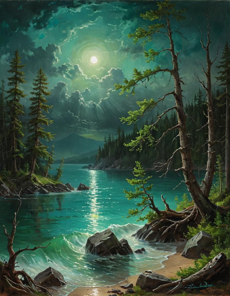 (Stormy Sky, Moonrise) crashing tides, directing powerful ocean storms, Oil Painting A crystal clear lake with vivid turquoise waters, surro...